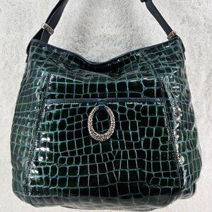 BRIGHTON Jetson Forest Green Patent Croc Leather Adj Strap Hobo Shoulder Bag